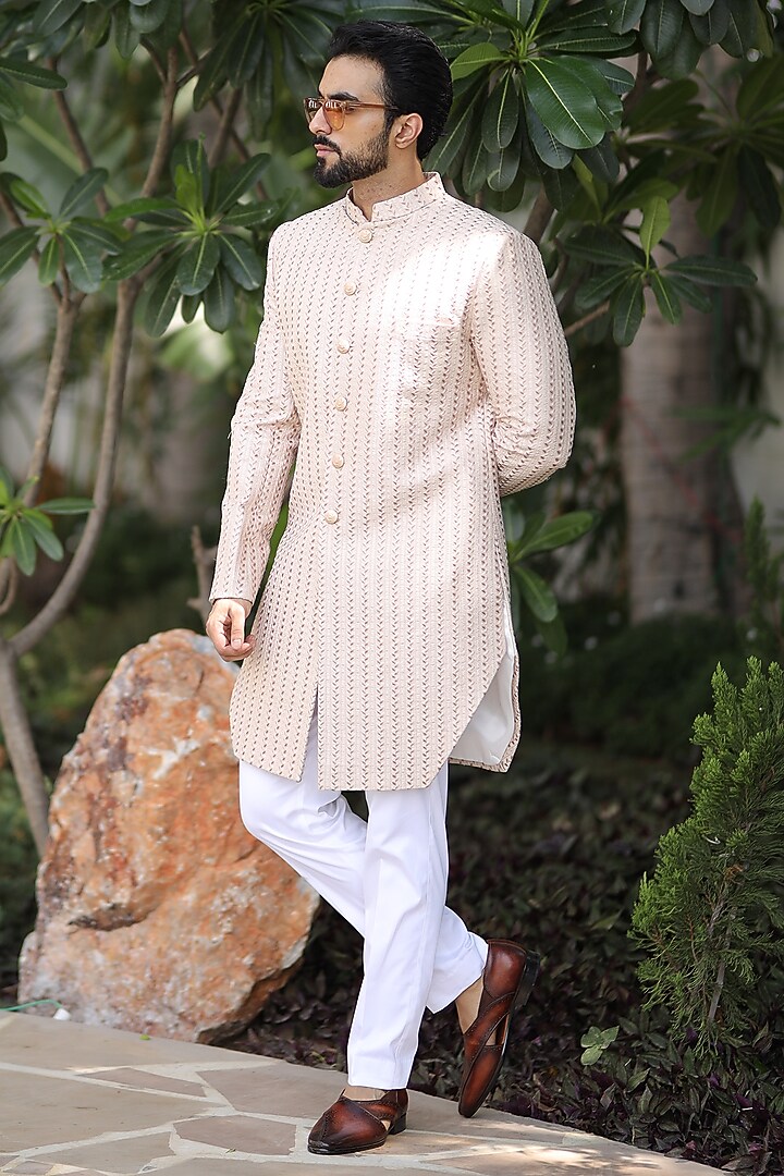 Cream Georgette Thread Embroidered Indo-Western Set by Label Mukund Taneja at Pernia's Pop Up Shop