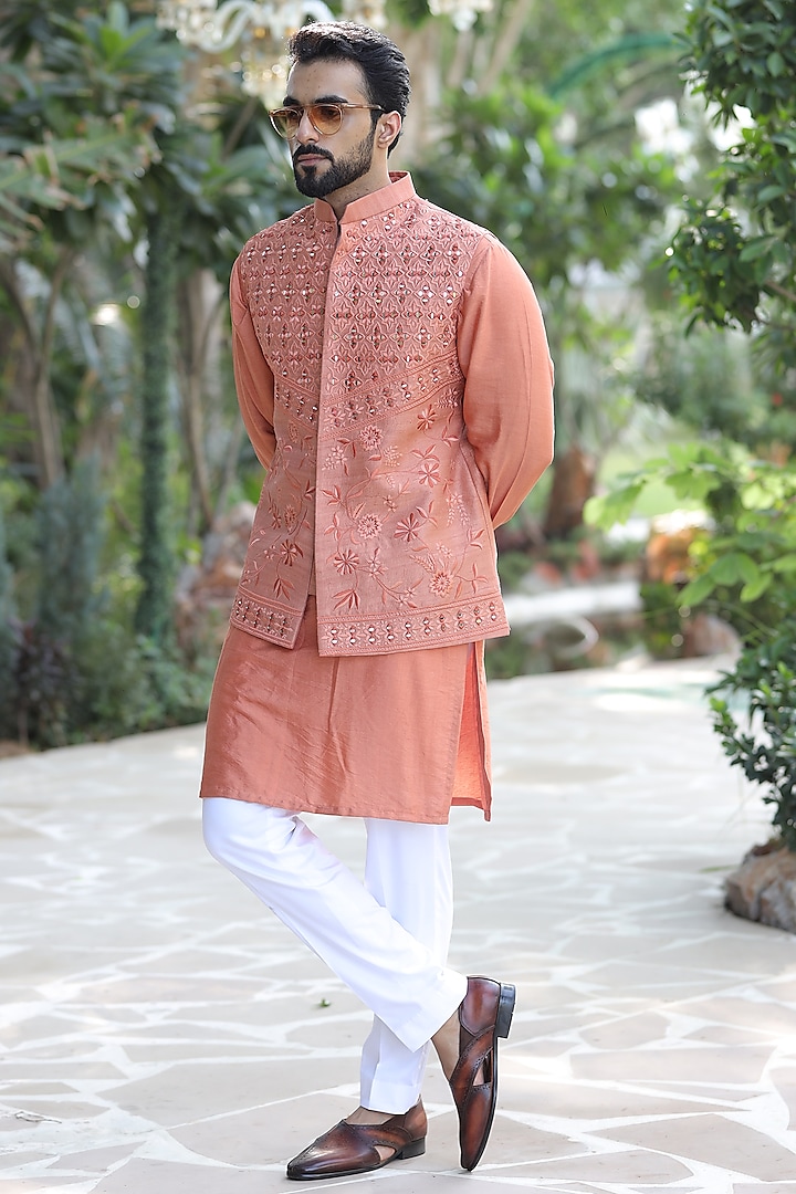 Rust Pure Silk Mirror Embroidered Nehru Jacket Set by Label Mukund Taneja