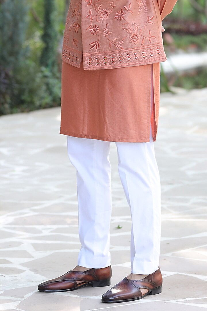 Rust Pure Silk Mirror Embroidered Nehru Jacket Set by Label Mukund Taneja at Pernia's Pop Up Shop
