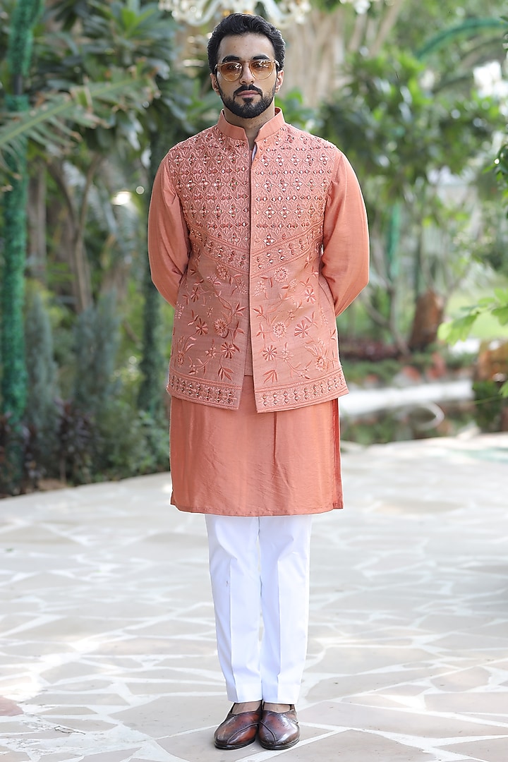Rust Pure Silk Mirror Embroidered Nehru Jacket Set by Label Mukund Taneja at Pernia's Pop Up Shop
