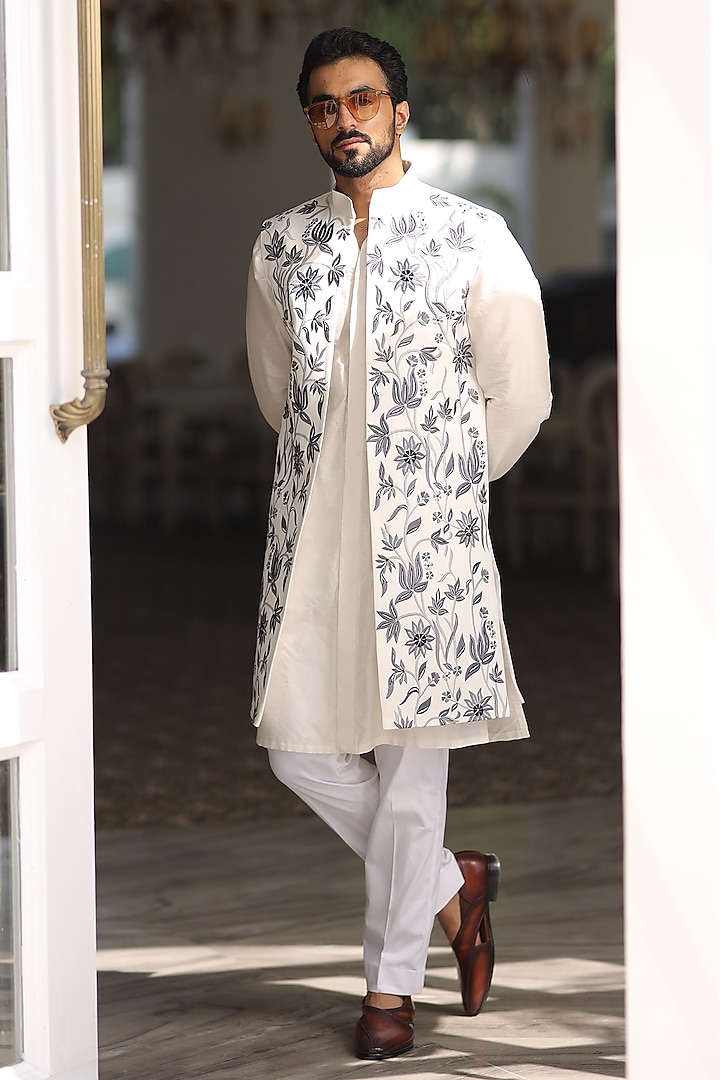 White & Blue Cotton Silk Thread Indo-Western Set by Label Mukund Taneja