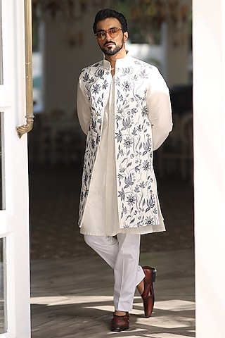 White & Blue Cotton Silk Thread Indo-Western Set by Label Mukund Taneja