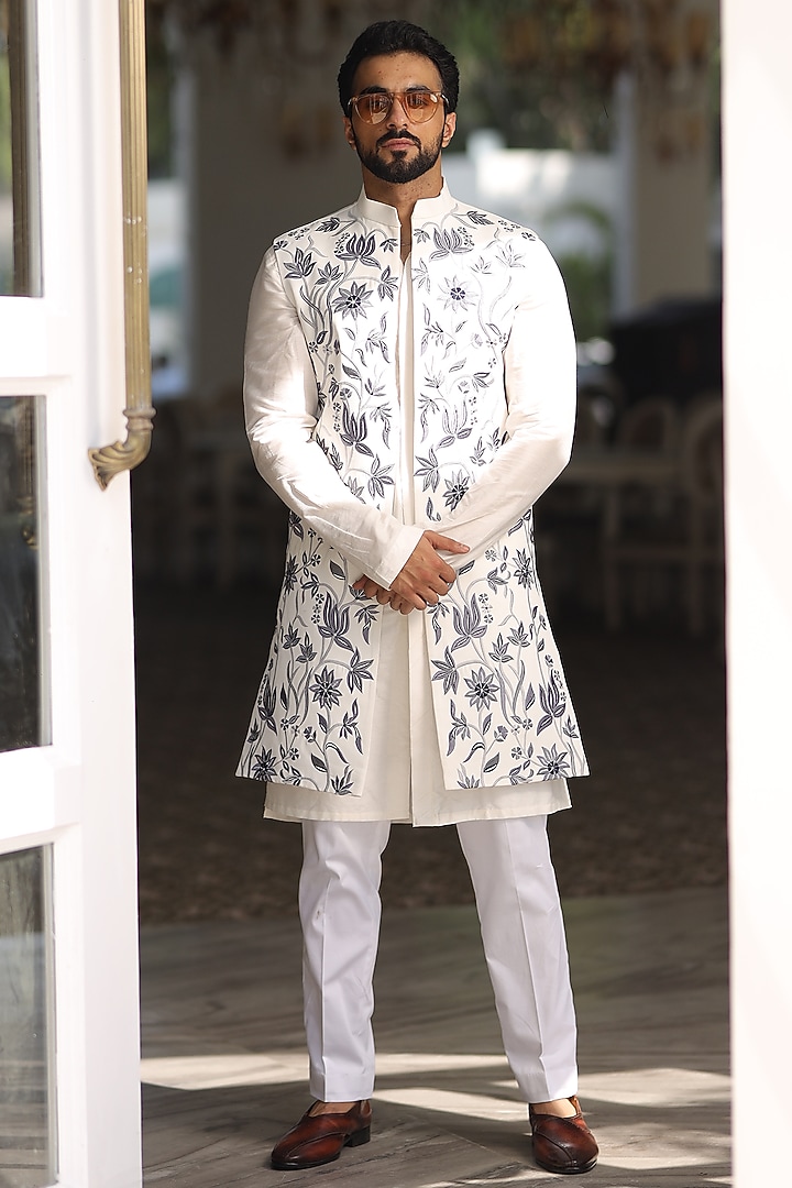 White & Blue Cotton Silk Thread Indo-Western Set by Label Mukund Taneja at Pernia's Pop Up Shop