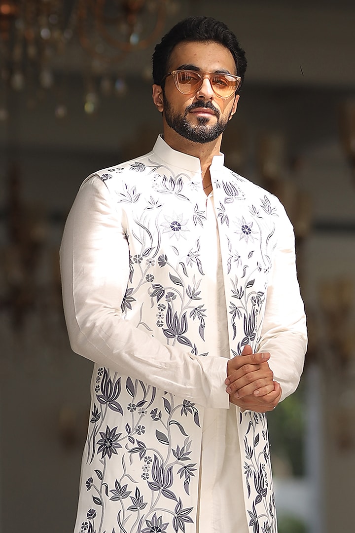 White & Blue Cotton Silk Thread Indo-Western Set by Label Mukund Taneja at Pernia's Pop Up Shop