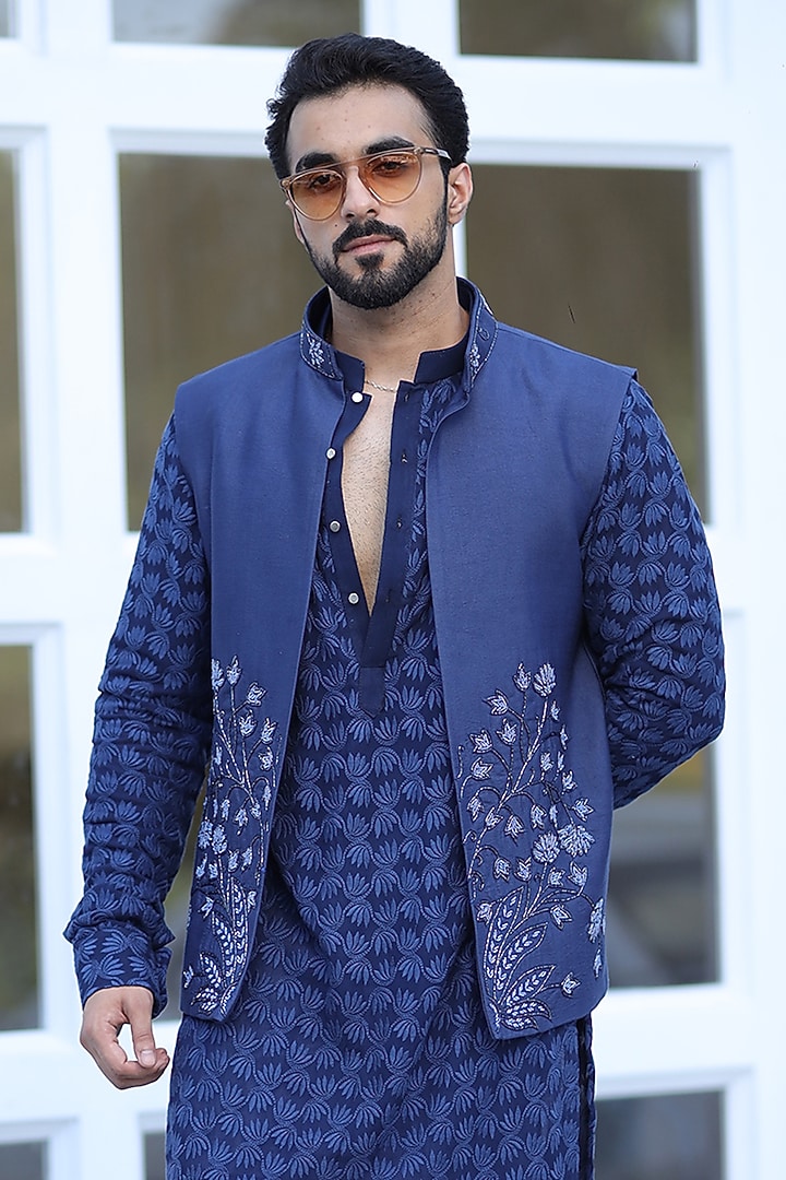 Navy Blue Georgette Cutdana Embroidered Indo-Western Jacket Set by Label Mukund Taneja at Pernia's Pop Up Shop