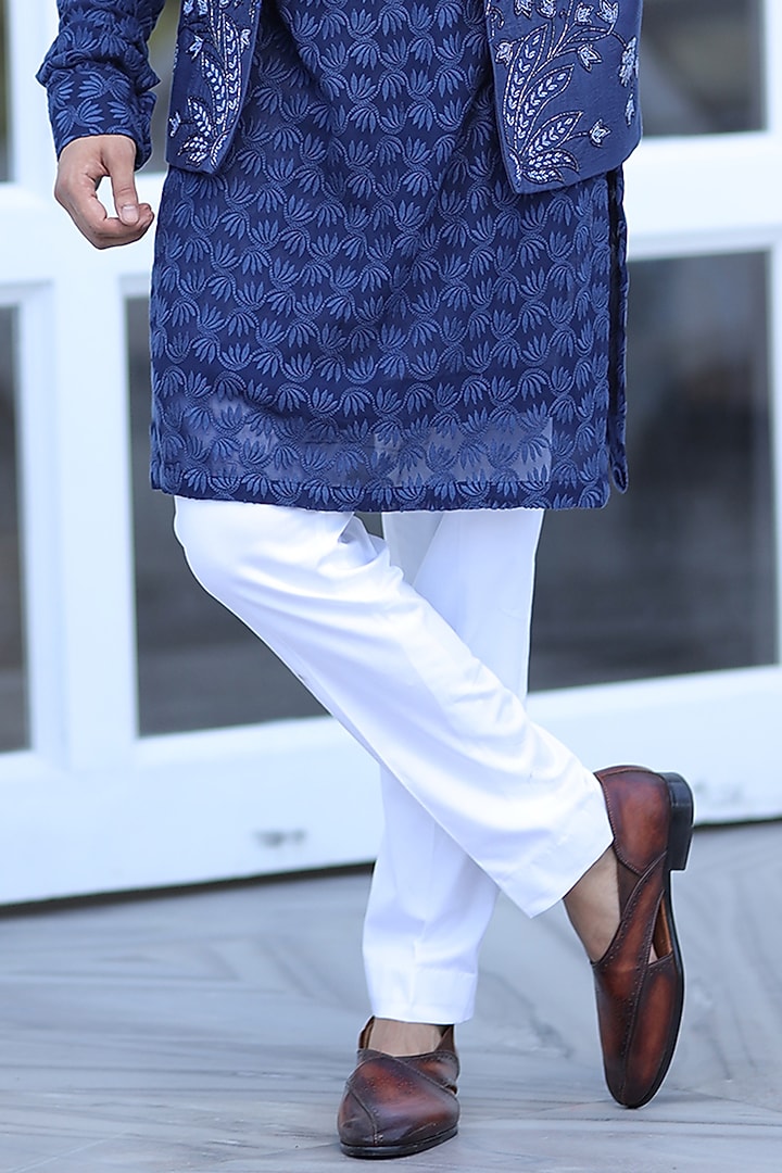 Navy Blue Georgette Cutdana Embroidered Indo-Western Jacket Set by Label Mukund Taneja at Pernia's Pop Up Shop