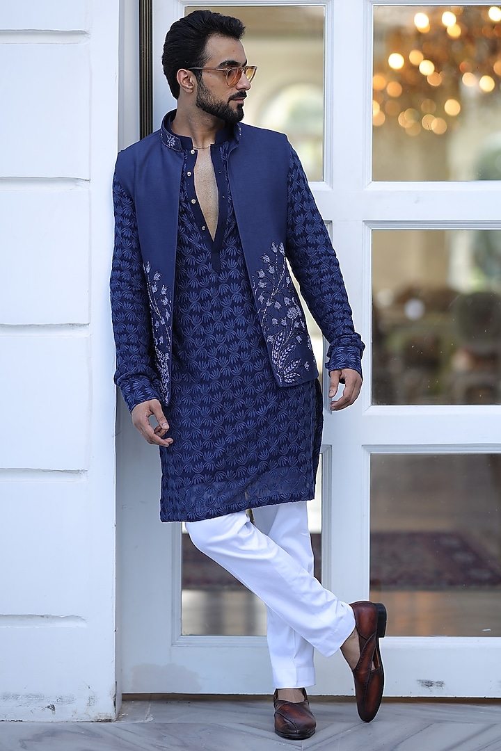 Navy Blue Georgette Cutdana Embroidered Indo-Western Jacket Set by Label Mukund Taneja at Pernia's Pop Up Shop