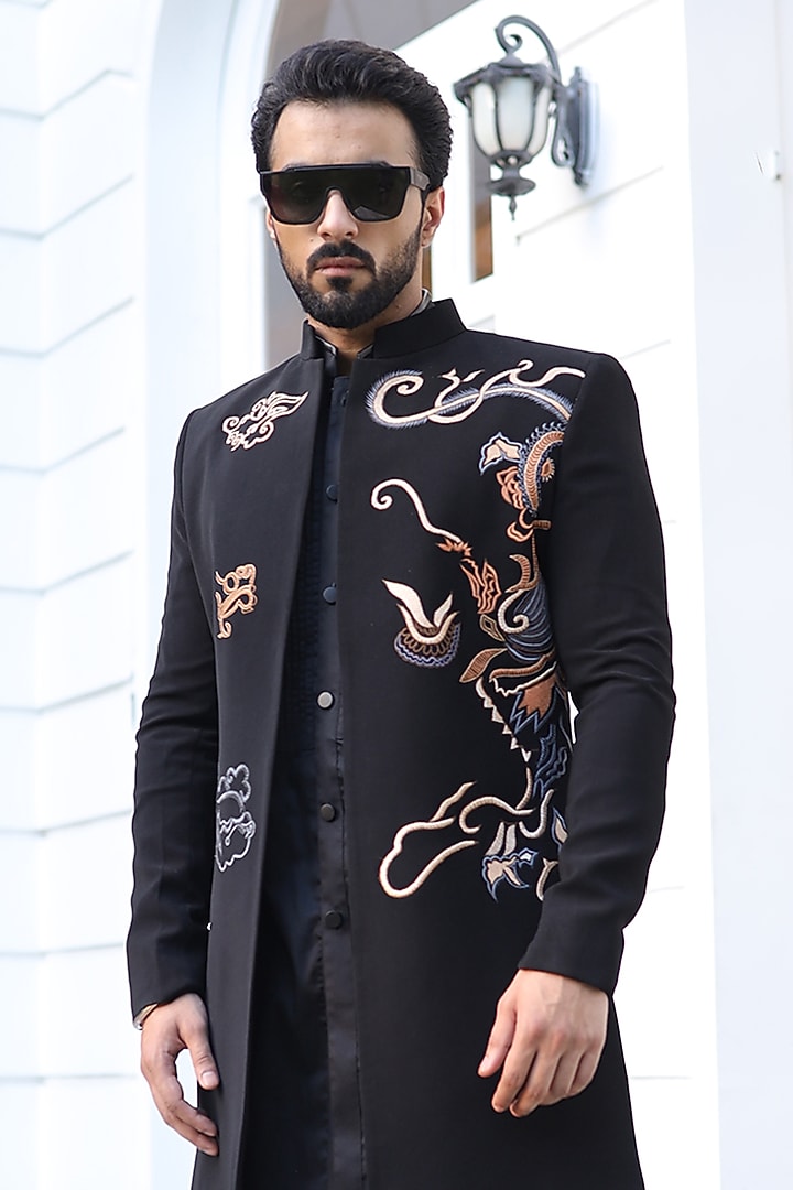 Black Lycra Thread Embroidered Indo-Western Set by Label Mukund Taneja at Pernia's Pop Up Shop