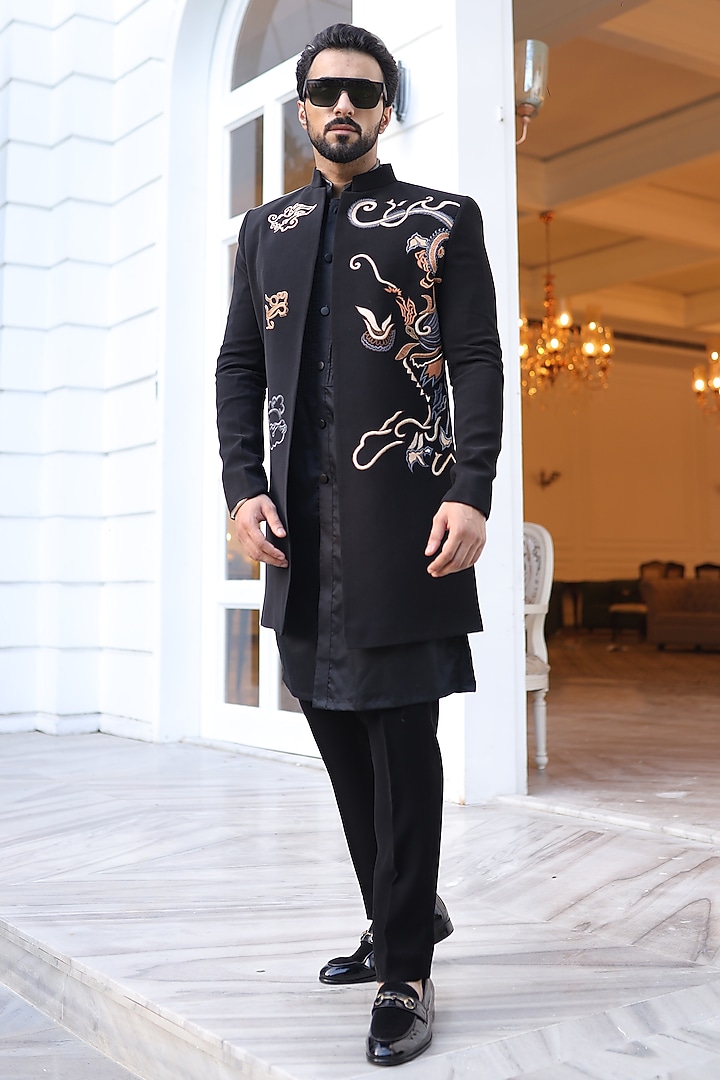 Black Lycra Thread Embroidered Indo-Western Set by Label Mukund Taneja at Pernia's Pop Up Shop