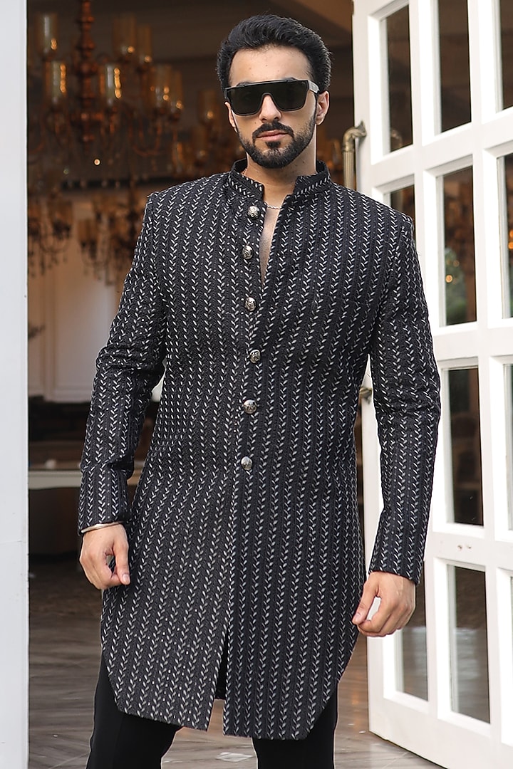 Black Georgette Thread Embroidered Indo-Western Set by Label Mukund Taneja at Pernia's Pop Up Shop