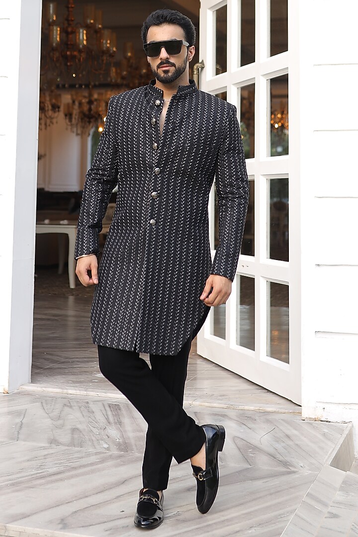 Black Georgette Thread Embroidered Indo-Western Set by Label Mukund Taneja at Pernia's Pop Up Shop