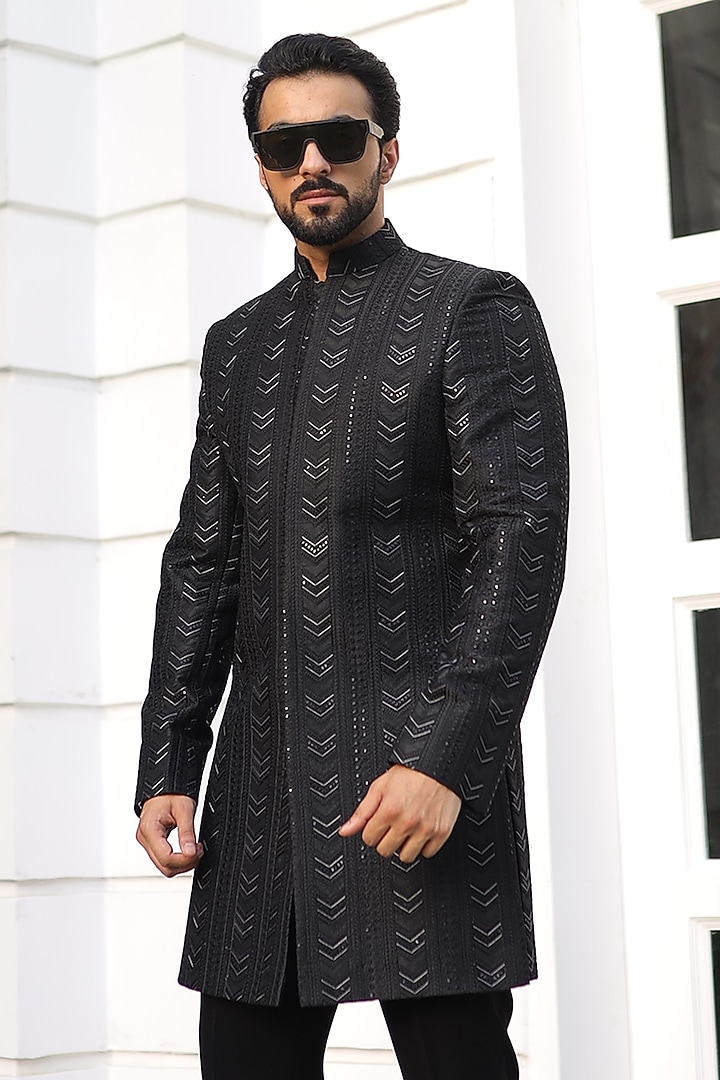 Black Georgette Thread Embroidered Indo-Western Set by Label Mukund Taneja at Pernia's Pop Up Shop