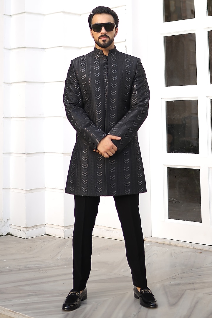 Black Georgette Thread Embroidered Indo-Western Set by Label Mukund Taneja at Pernia's Pop Up Shop