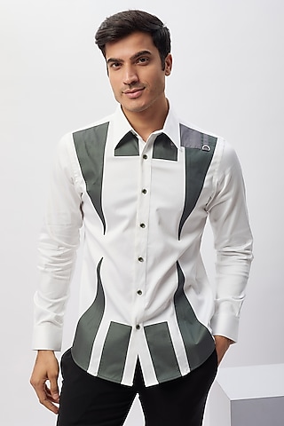 White & Grey Cotton Patchwork Shirt by Label Mukund Taneja