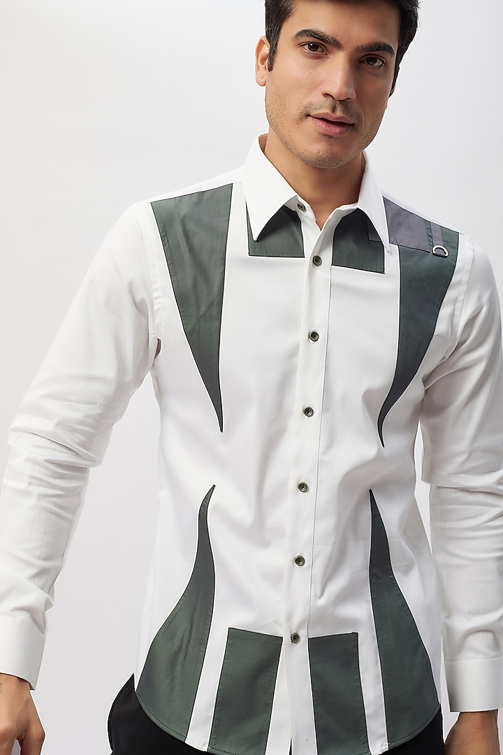 White & Grey Cotton Patchwork Party Wear Shirt by Label Mukund Taneja at Pernia's Pop Up Shop