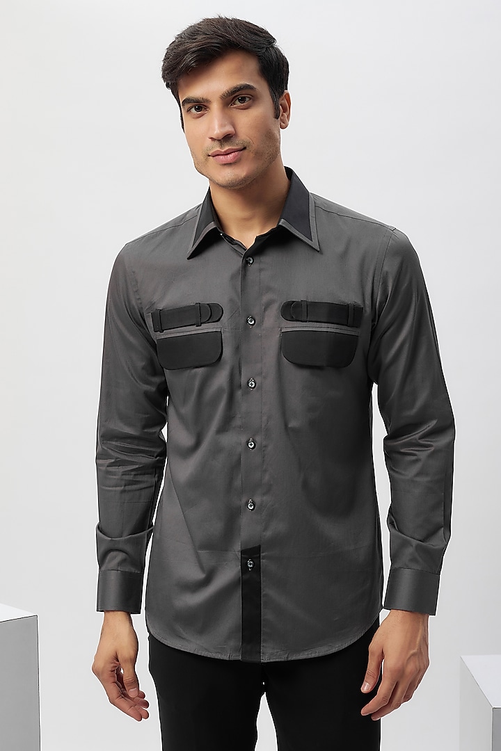 Grey & Black Cotton Patchwork Shirt by Label Mukund Taneja