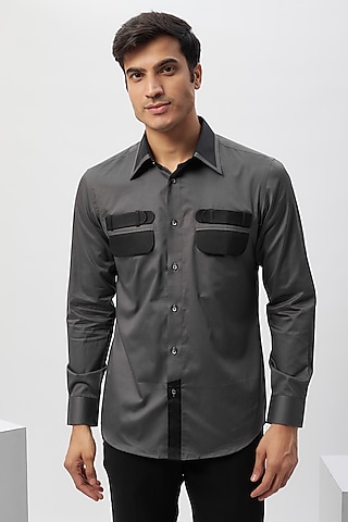 Grey & Black Cotton Patchwork Shirt by Label Mukund Taneja