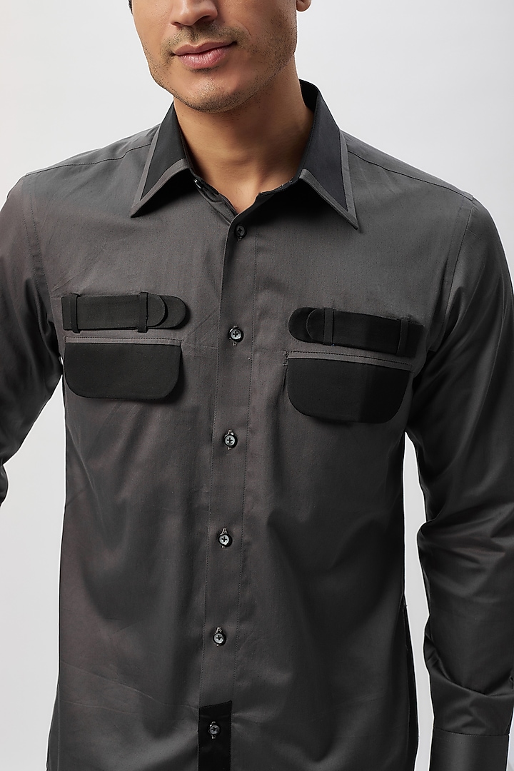 Grey & Black Cotton Patchwork Party Wear Shirt by Label Mukund Taneja at Pernia's Pop Up Shop