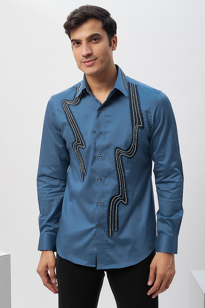 Blue Cotton Machine Embroidered Shirt by Label Mukund Taneja