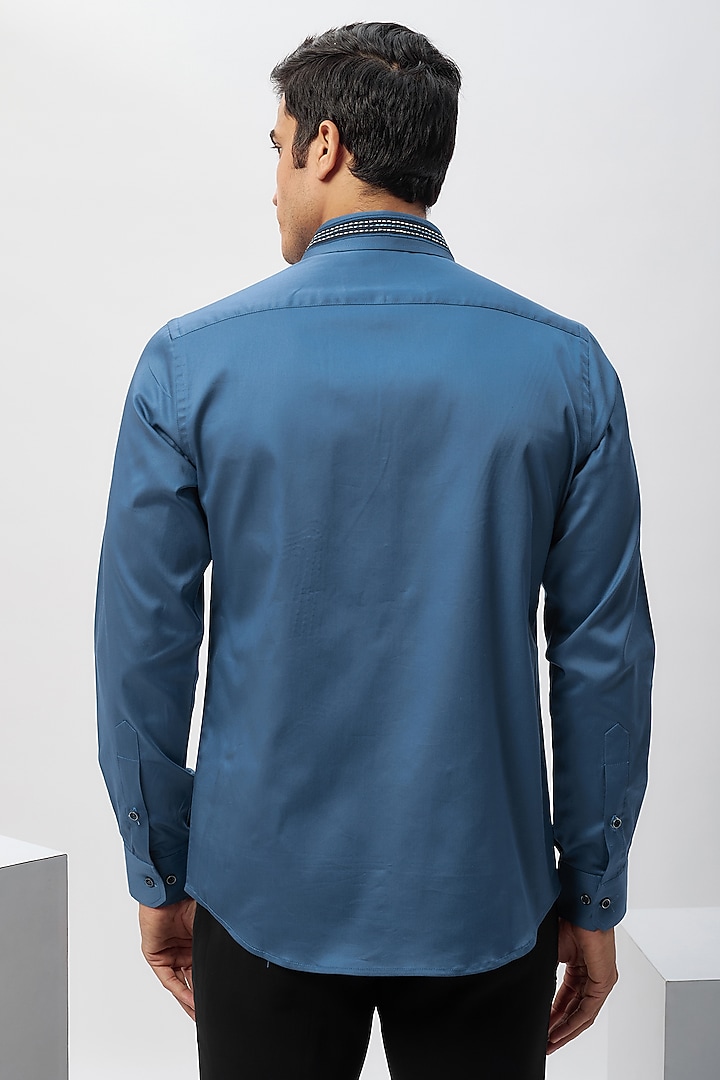 Blue Cotton Machine Embroidered Party Wear Shirt by Label Mukund Taneja at Pernia's Pop Up Shop