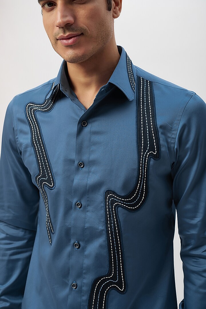 Blue Cotton Machine Embroidered Party Wear Shirt by Label Mukund Taneja at Pernia's Pop Up Shop