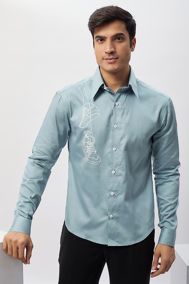 Sky Blue Cotton Hand Painted Shirt by Label Mukund Taneja