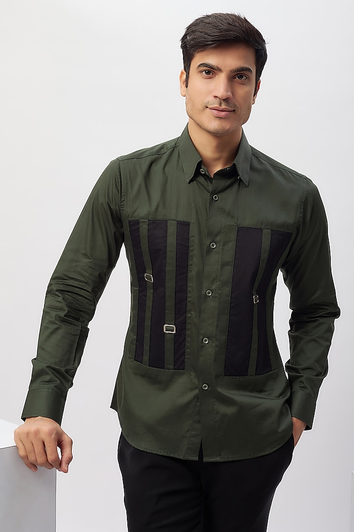 Olive Green & Black Cotton Patchwork Shirt by Label Mukund Taneja