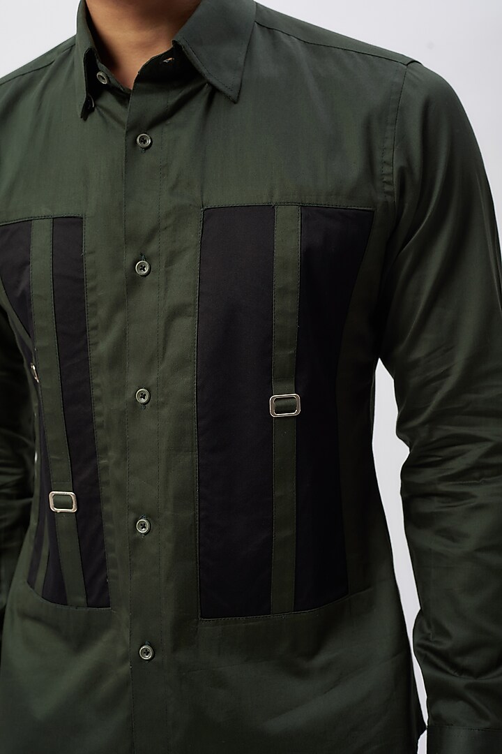 Olive Green & Black Cotton Patchwork Party Wear Shirt by Label Mukund Taneja at Pernia's Pop Up Shop