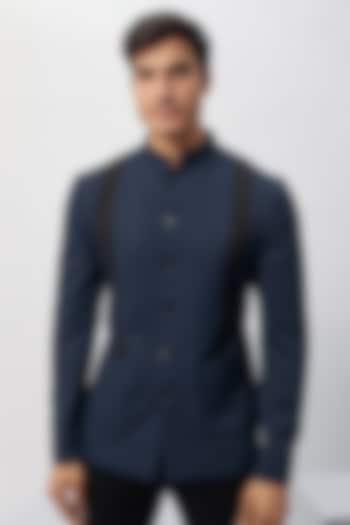 Blue & Black Cotton Viscose Patchwork Safari Shirt by Label Mukund Taneja