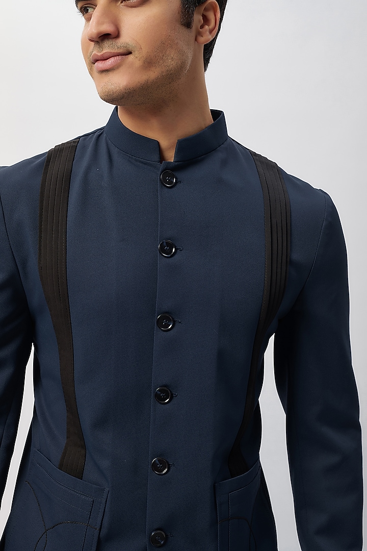 Blue & Black Cotton Viscose Patchwork Safari Party Wear Shirt by Label Mukund Taneja at Pernia's Pop Up Shop