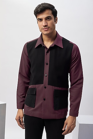 Mauve & Black Cotton Viscose Patchwork Safari Shirt by Label Mukund Taneja