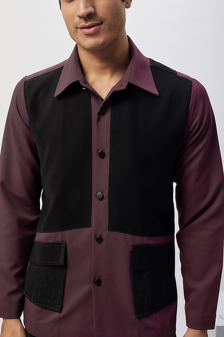 Mauve & Black Cotton Viscose Patchwork Safari Party Wear Shirt by Label Mukund Taneja at Pernia's Pop Up Shop