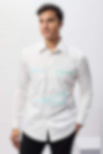 White & Blue Cotton Patchwork Safari Shirt by Label Mukund Taneja