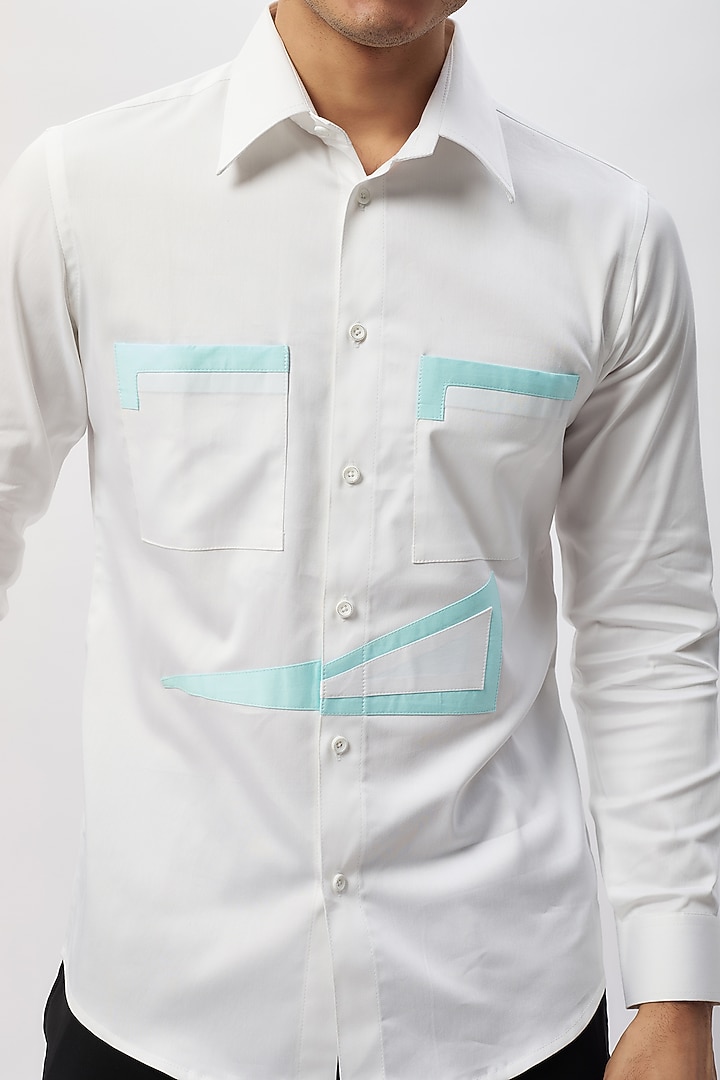 White & Blue Cotton Patchwork Safari Party Wear Shirt by Label Mukund Taneja at Pernia's Pop Up Shop