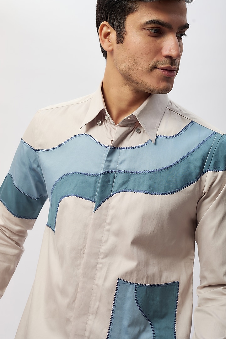 Ivory Cotton Machine Embroidered Party Wear Shirt by Label Mukund Taneja at Pernia's Pop Up Shop