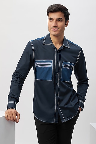 Blue Cotton Patchwork Shirt by Label Mukund Taneja