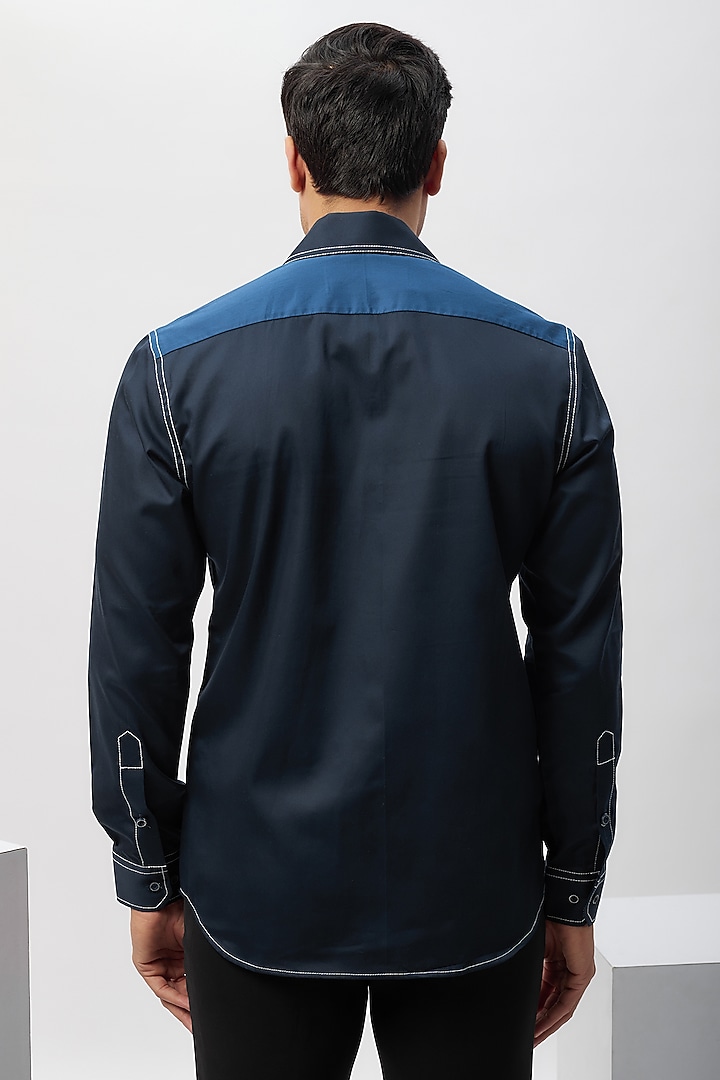 Blue Cotton Patchwork Party Wear Shirt by Label Mukund Taneja at Pernia's Pop Up Shop
