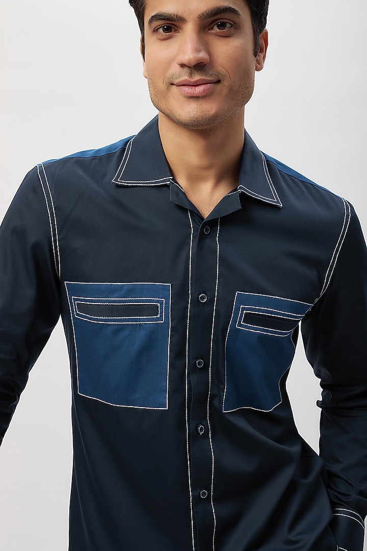 Blue Cotton Patchwork Party Wear Shirt by Label Mukund Taneja at Pernia's Pop Up Shop