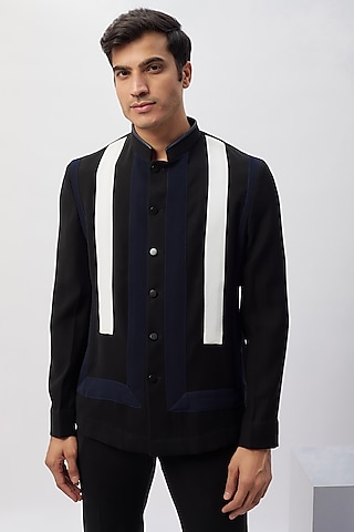Black & White Lycra Patchwork Shirt by Label Mukund Taneja