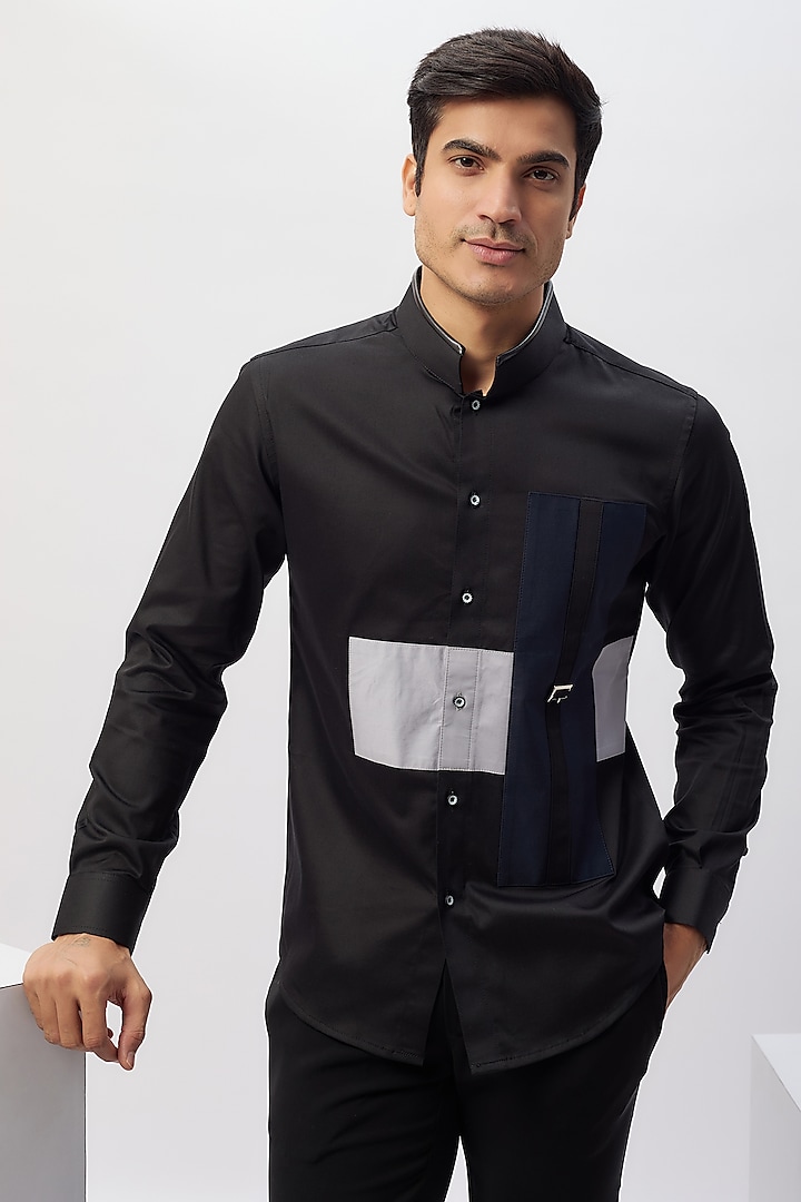 Black & White Cotton Patchwork Shirt by Label Mukund Taneja