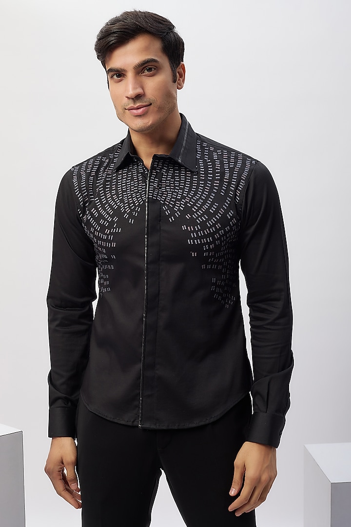 Black Cotton Machine Embroidered Shirt by Label Mukund Taneja