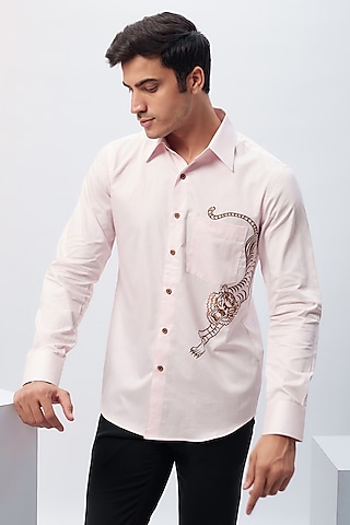 Pastel Pink Cotton Machine Embroidered Shirt by Label Mukund Taneja
