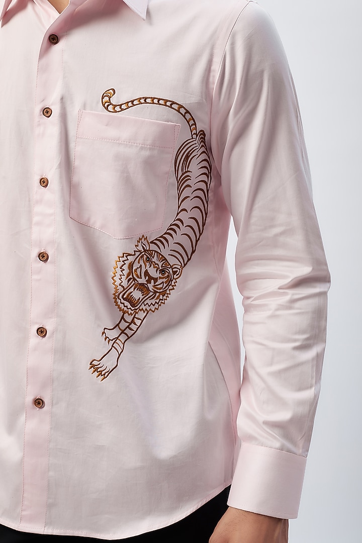 Pastel Pink Cotton Machine Embroidered Party Wear Shirt by Label Mukund Taneja at Pernia's Pop Up Shop
