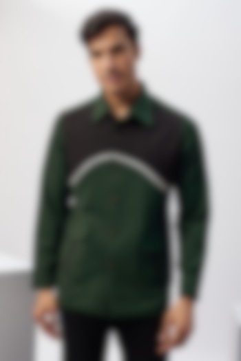 Green & Black Cotton Viscose Patchwork Safari Shirt by Label Mukund Taneja