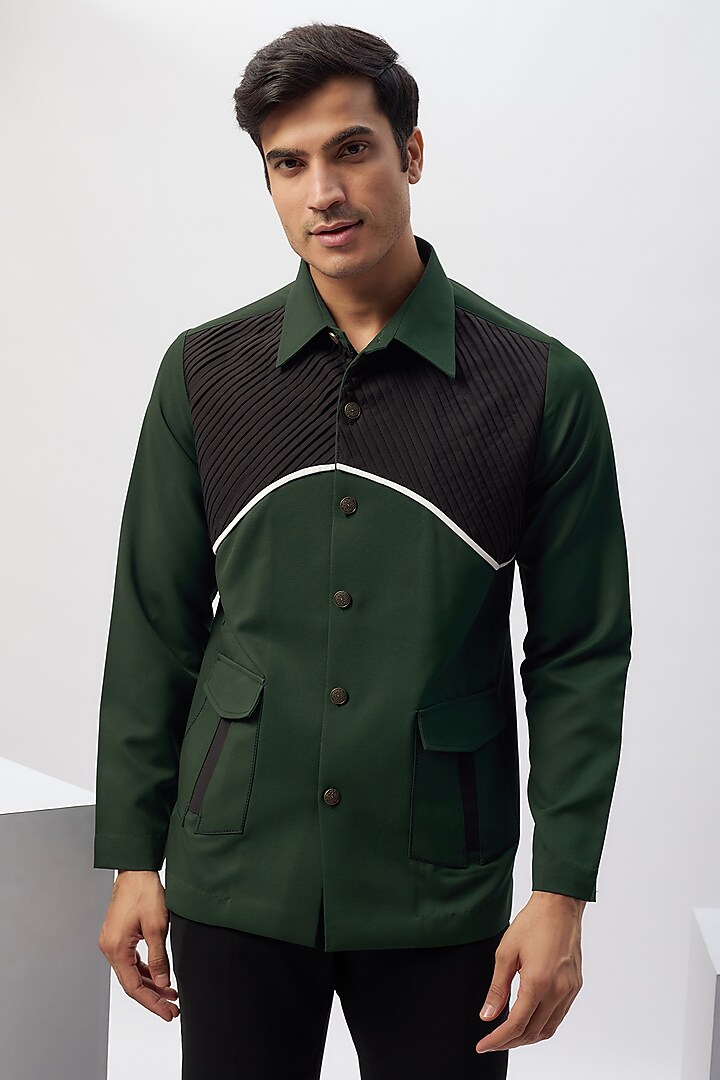Green & Black Cotton Viscose Patchwork Safari Shirt by Label Mukund Taneja