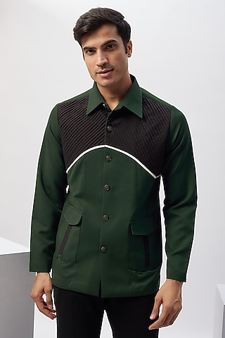 Green & Black Cotton Viscose Patchwork Safari Shirt by Label Mukund Taneja