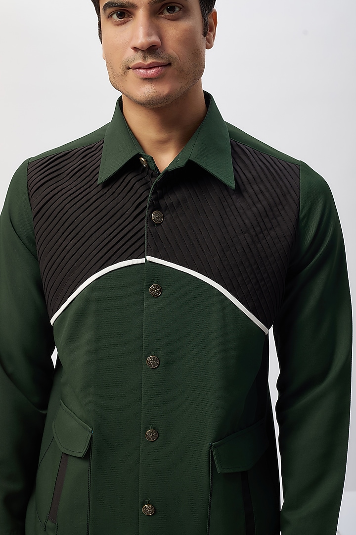 Green & Black Cotton Viscose Patchwork Safari Party Wear Shirt by Label Mukund Taneja at Pernia's Pop Up Shop