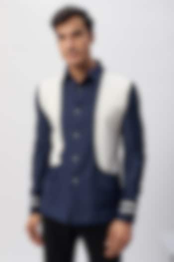 Blue & White Cotton Viscose Patchwork Safari Shirt by Label Mukund Taneja