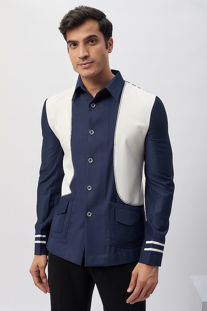 Blue & White Cotton Viscose Patchwork Safari Shirt by Label Mukund Taneja