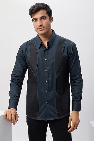 Blue & Black Cotton Patchwork Shirt by Label Mukund Taneja